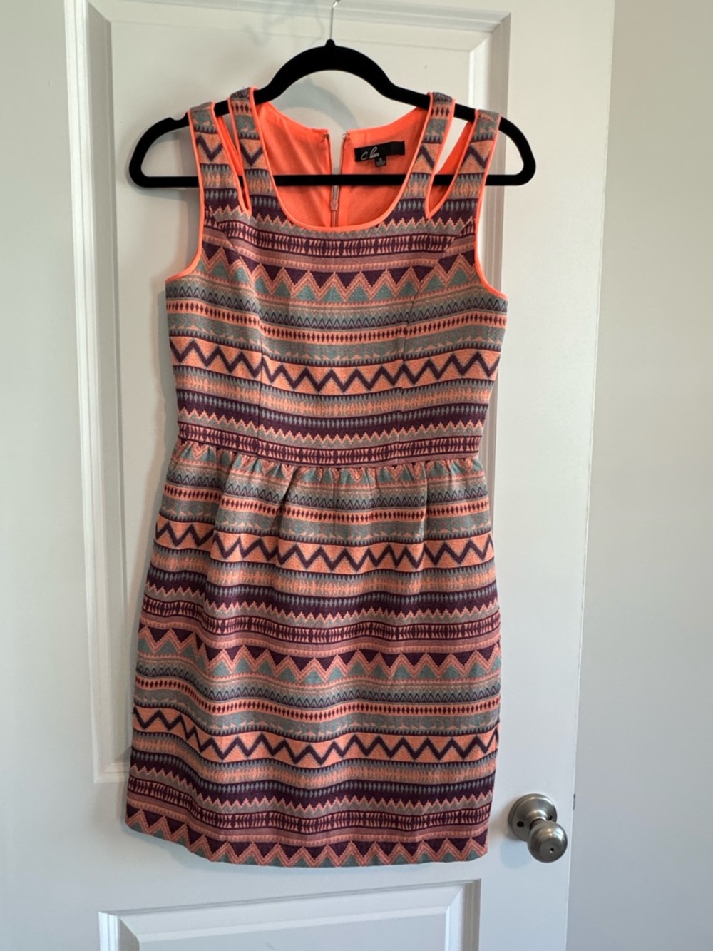 C. Luce Coral Aztec Geometric Fit & Flare Dress Small
